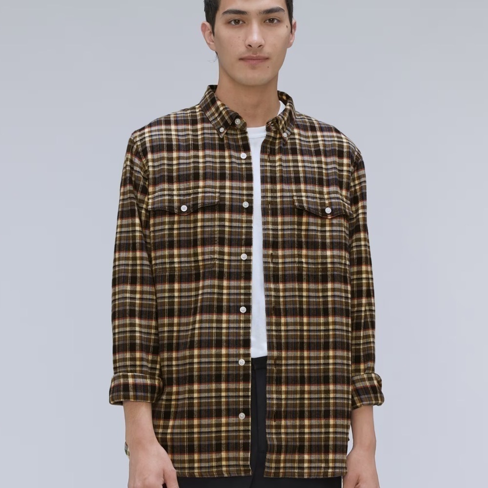 Everlane Men's Plaid Button Down Shirt - Brown and Yellow